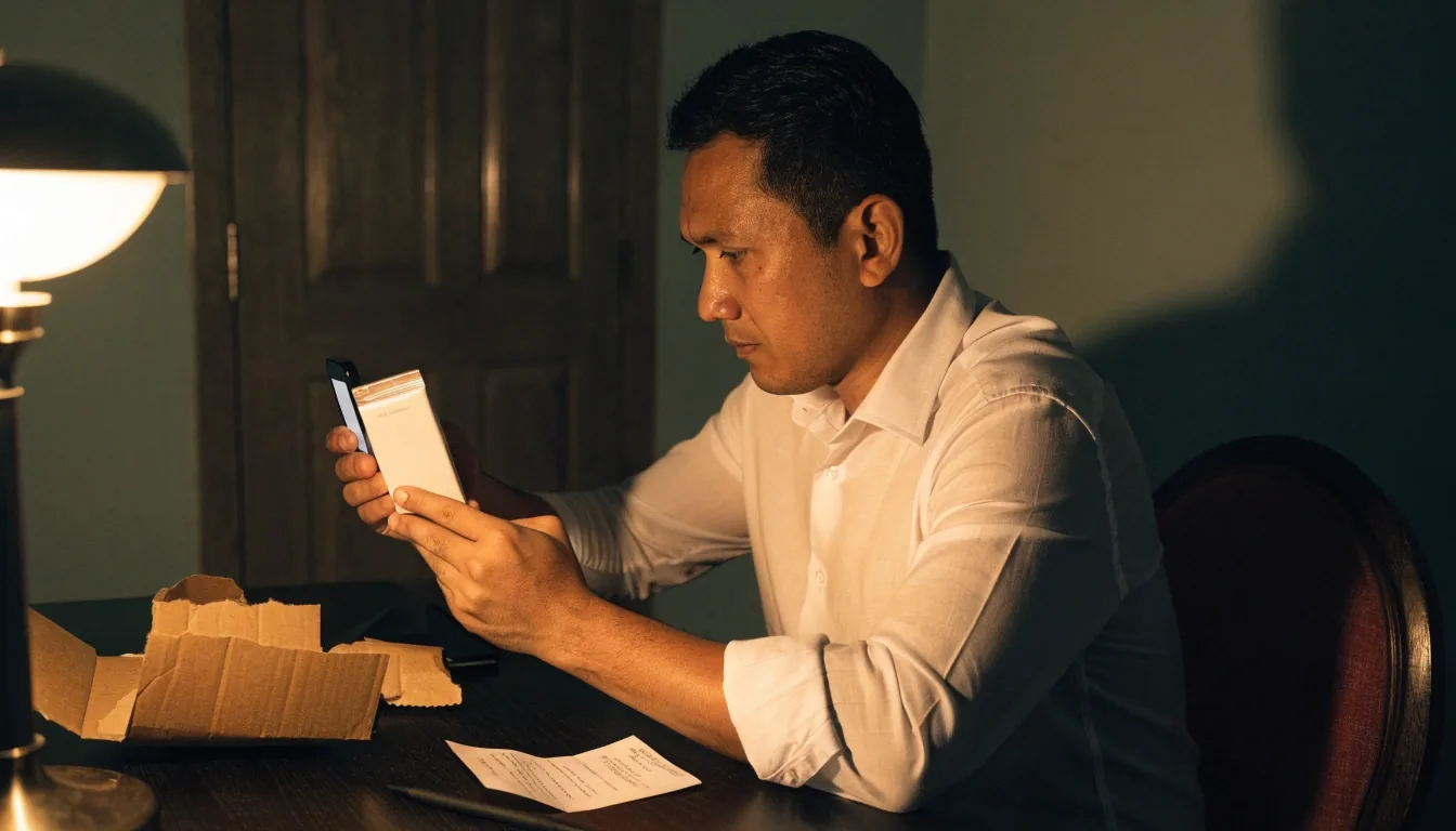 A man photographing the side panel of a plain supplement box beside a receipt and an unopened parcel