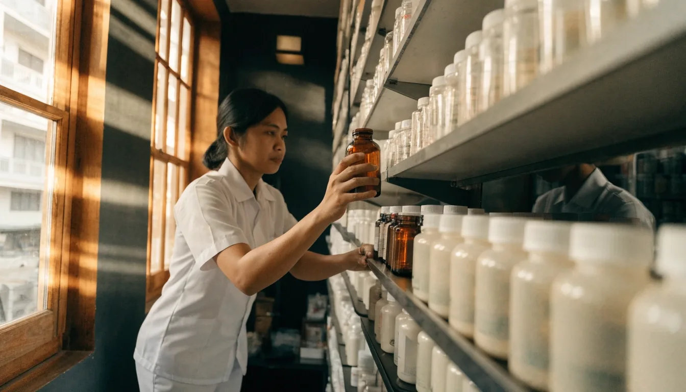 A pharmacist lifting an unlabelled supplement bottle from a shelf behind a licensed pharmacy counter in Bandung