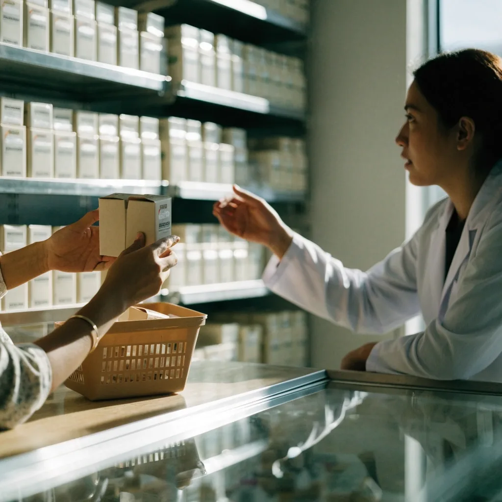 A customer at a counter comparing two unlabelled supplement boxes while a staff member gestures toward shelved cartons