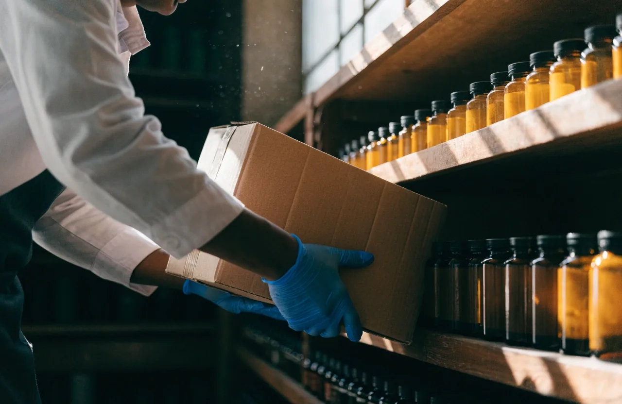 A row of unlabelled supplement cartons and amber bottles grouped on a clean wooden shelf