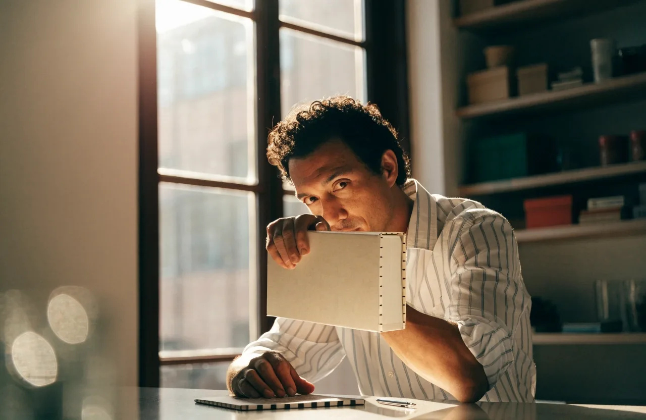 Hands turning a plain supplement box on a desk beside a soft glowing screen and a paper receipt
