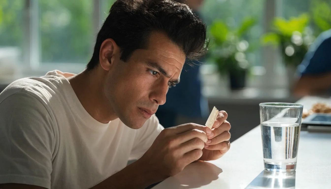 Man taking a short break at his desk with a glass of water and a small unbranded tablet strip