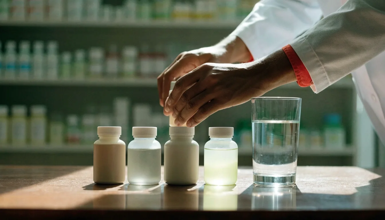Man holding an unbranded supplement bottle beside a glass of water on a sunlit table