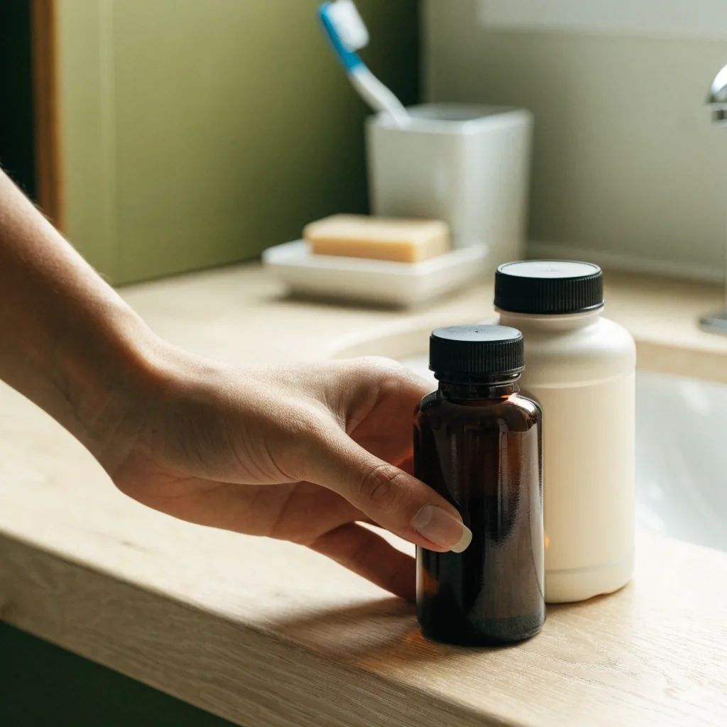 Two unbranded supplement bottles of different sizes side by side on a bathroom shelf