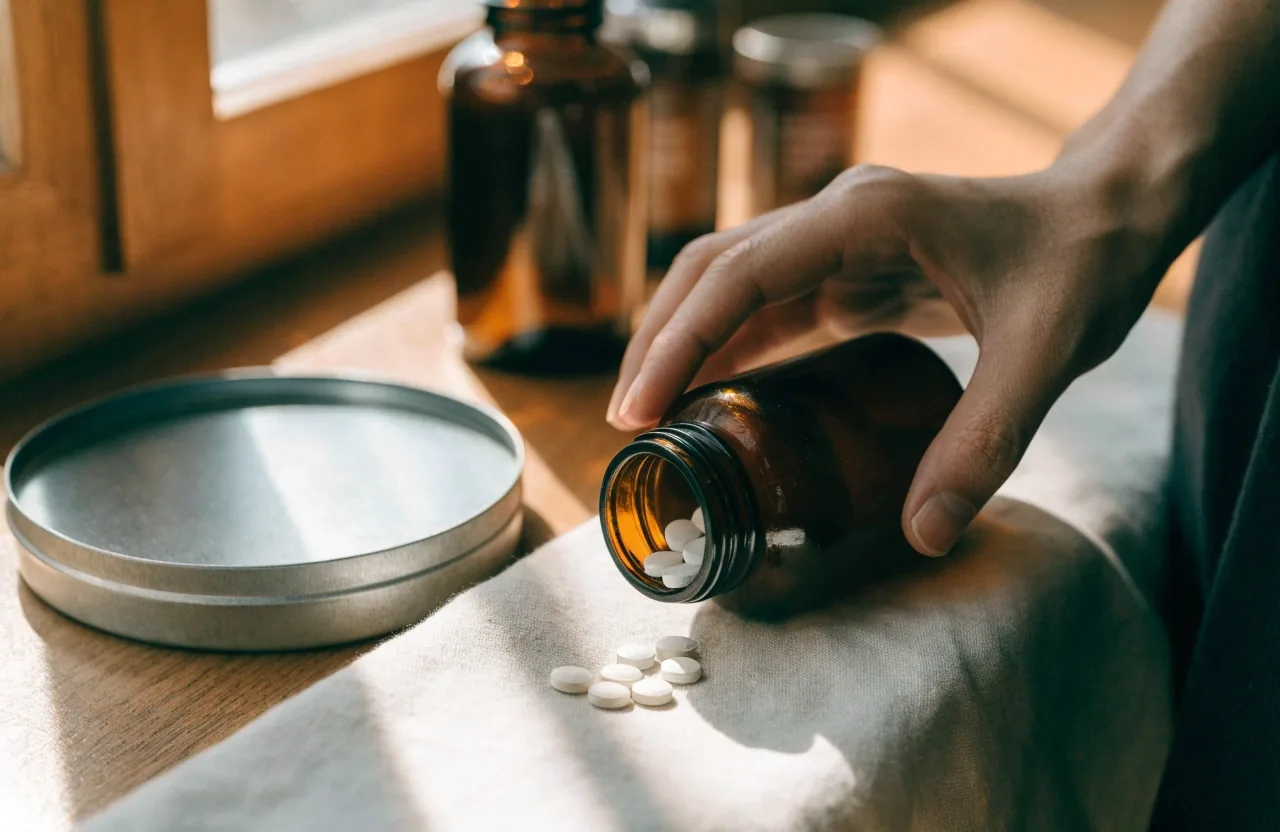 Unbranded supplement containers, a metal tin, and loose tablets arranged on pale linen