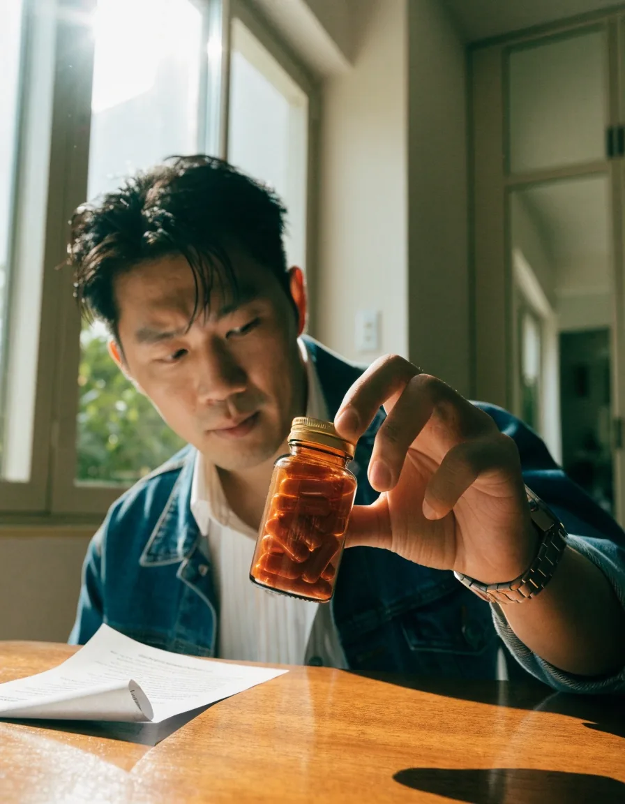 A man examining a supplement bottle in daylight at a Bandung apartment table