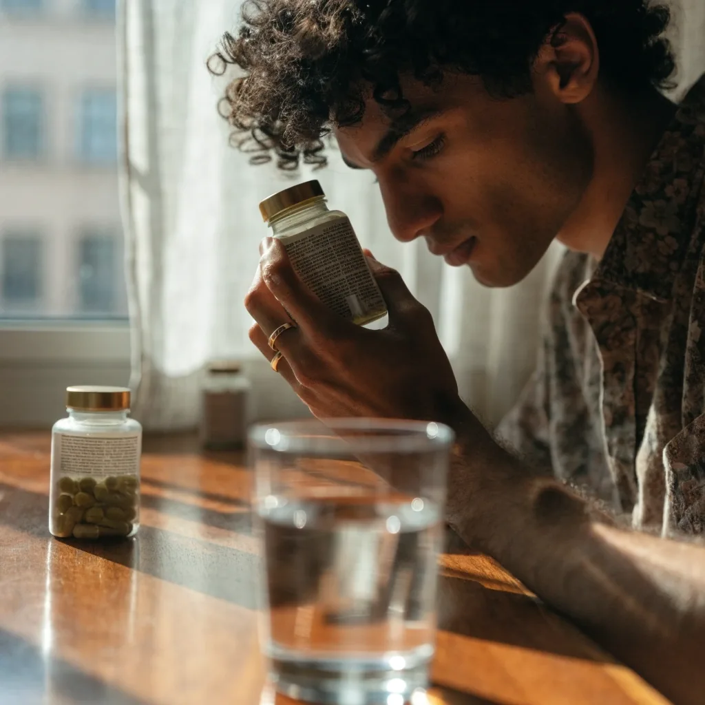 Hands turning a supplement bottle to read the back panel in warm light