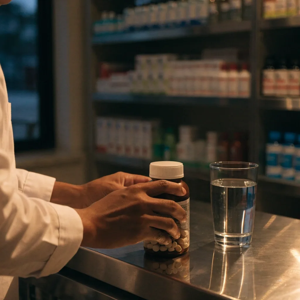 Supplement bottles and a glass of water on a calm Bandung desk at dusk