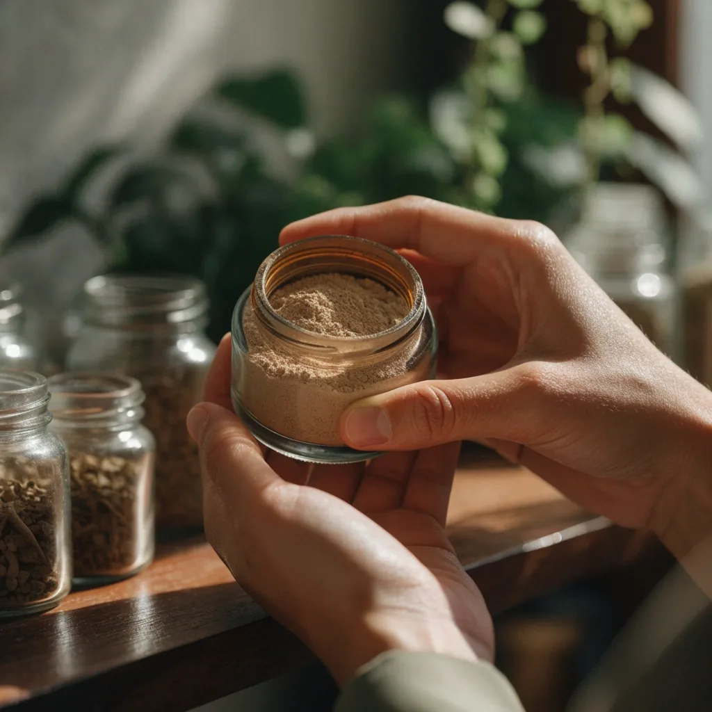 Dried ashwagandha root in a tray on a shelf beside unlabelled jars in a small apothecary