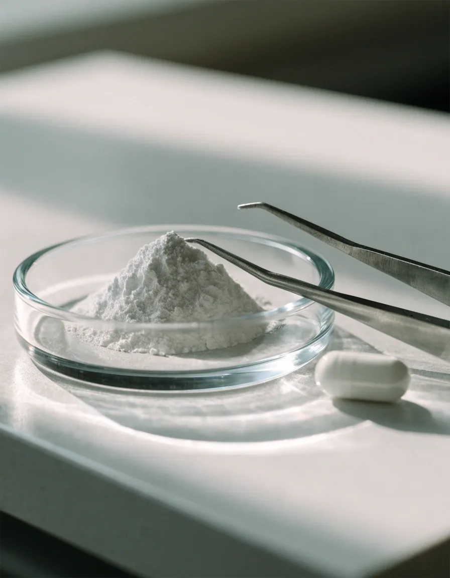 Fine white mineral powder in a glass dish with tweezers and a capsule on a pale bench