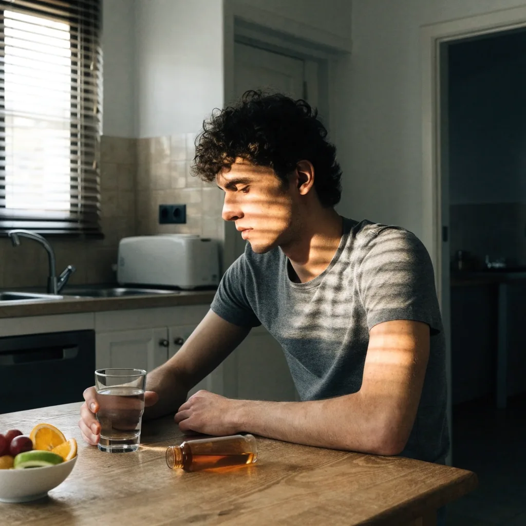 Man at a kitchen table at breakfast with a glass of water and an unlabelled supplement bottle