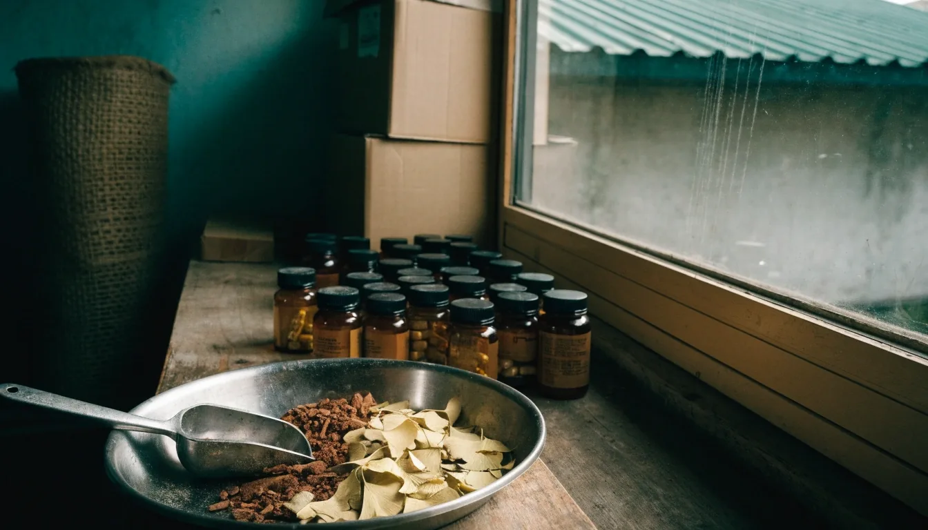 Quiet pharmacy counter at dusk with shelves of unlabelled supplement bottles and a basket of dried herbs