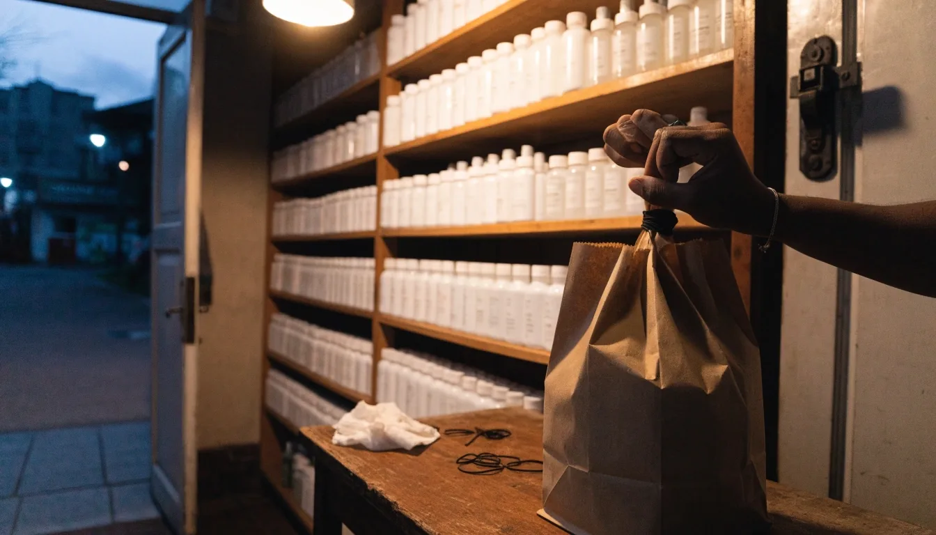 Shelves of unbranded supplement bottles inside a small shop at closing time