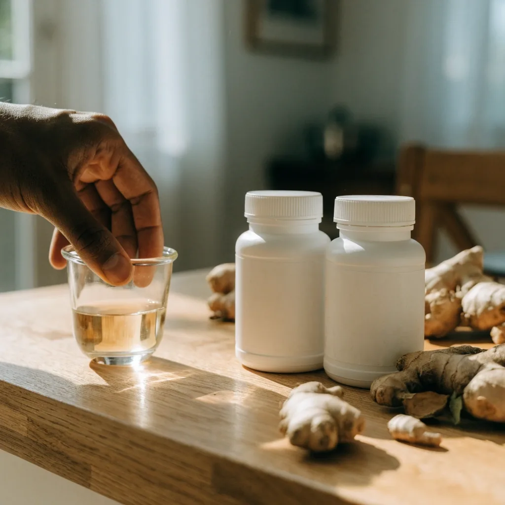 Two unbranded supplement bottles and a measuring cup on a sunlit kitchen worktop