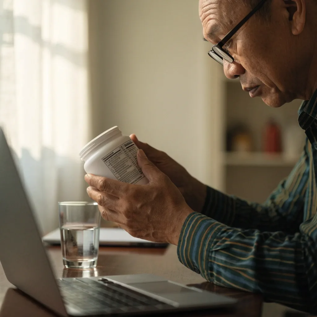 A man reading the ingredient panel of a supplement jar by a window, laptop blurred beside him