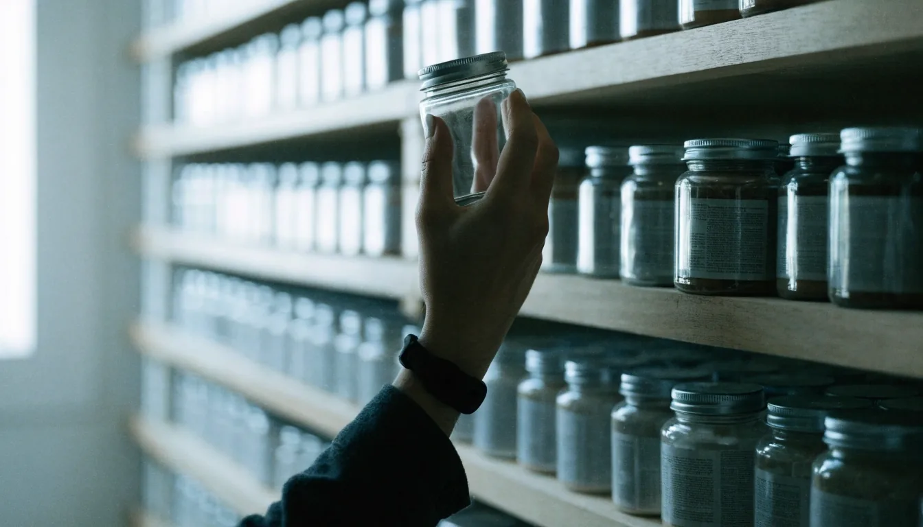 Rows of closed vitamin and mineral supplement jars on light wooden shelving in a Bandung storeroom