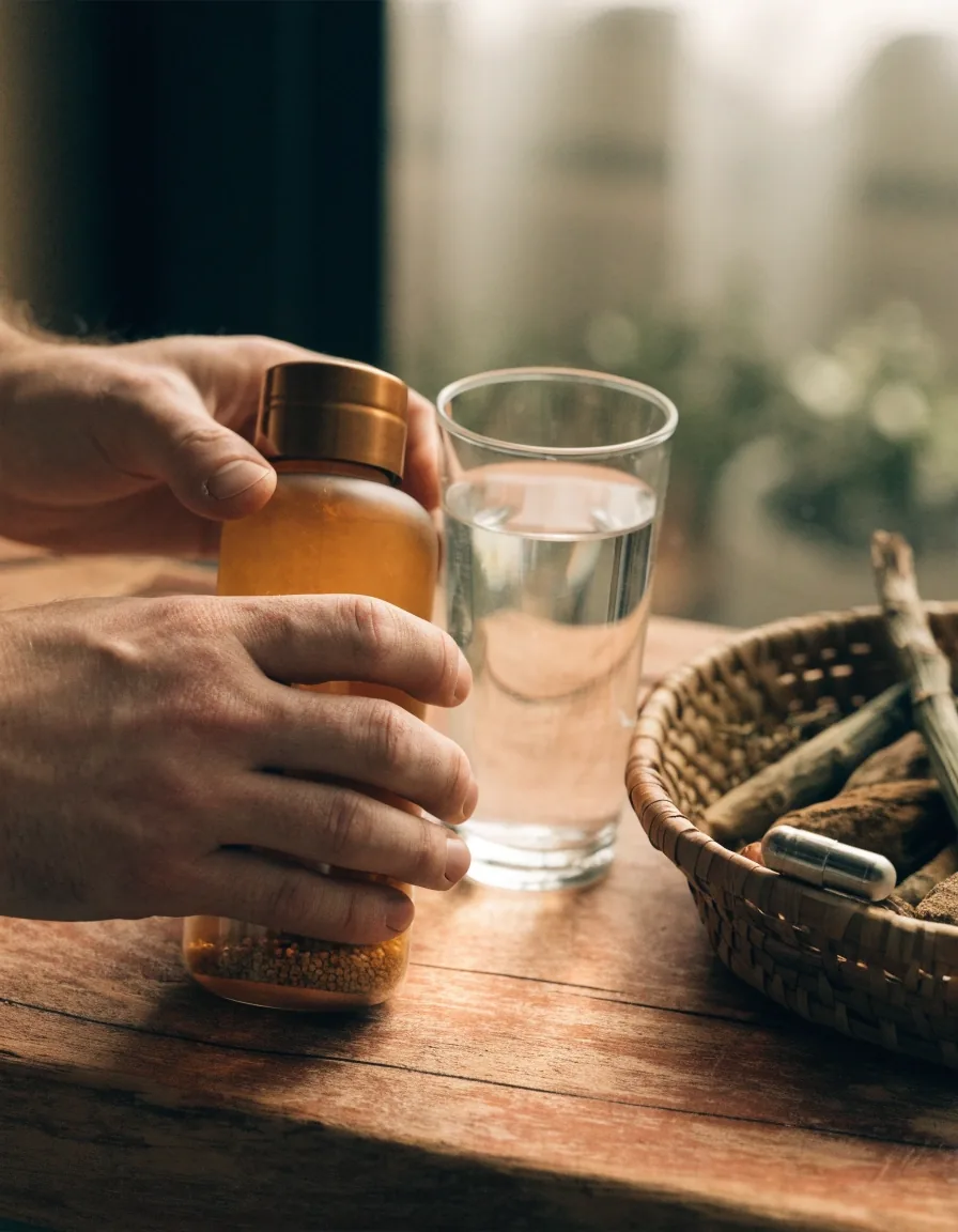 Hands holding an unlabelled supplement bottle and a glass of water on a wooden counter in daylight